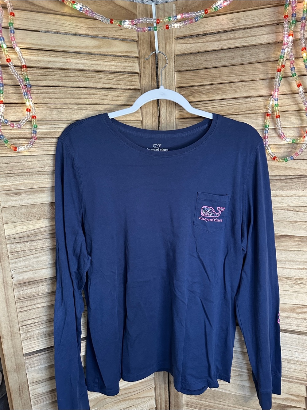 Vineyard Vines Navy Long Sleeve Pocket Shirt with Pink Whale